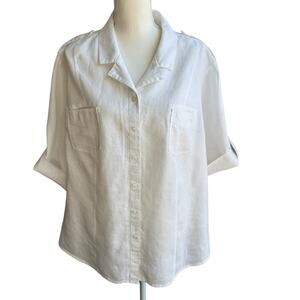 WESTBOUND Top Womens 24W White 100% Linen Button Up Shirt Short Roll Tab Sleeve